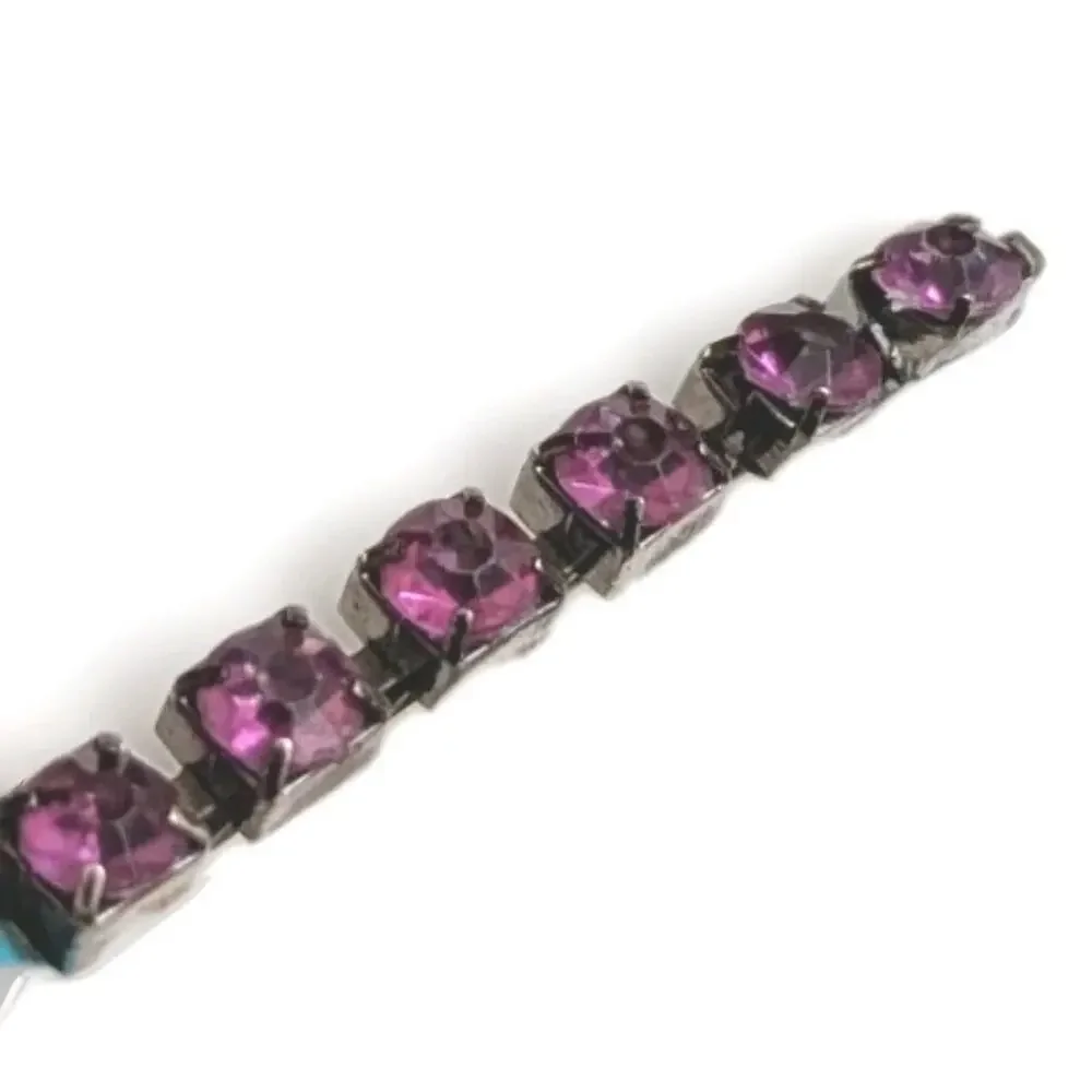 Vtg Pink Purple Rhinestone Bar Pin Hair Clip Czech Glass Silver Tone Prong Set